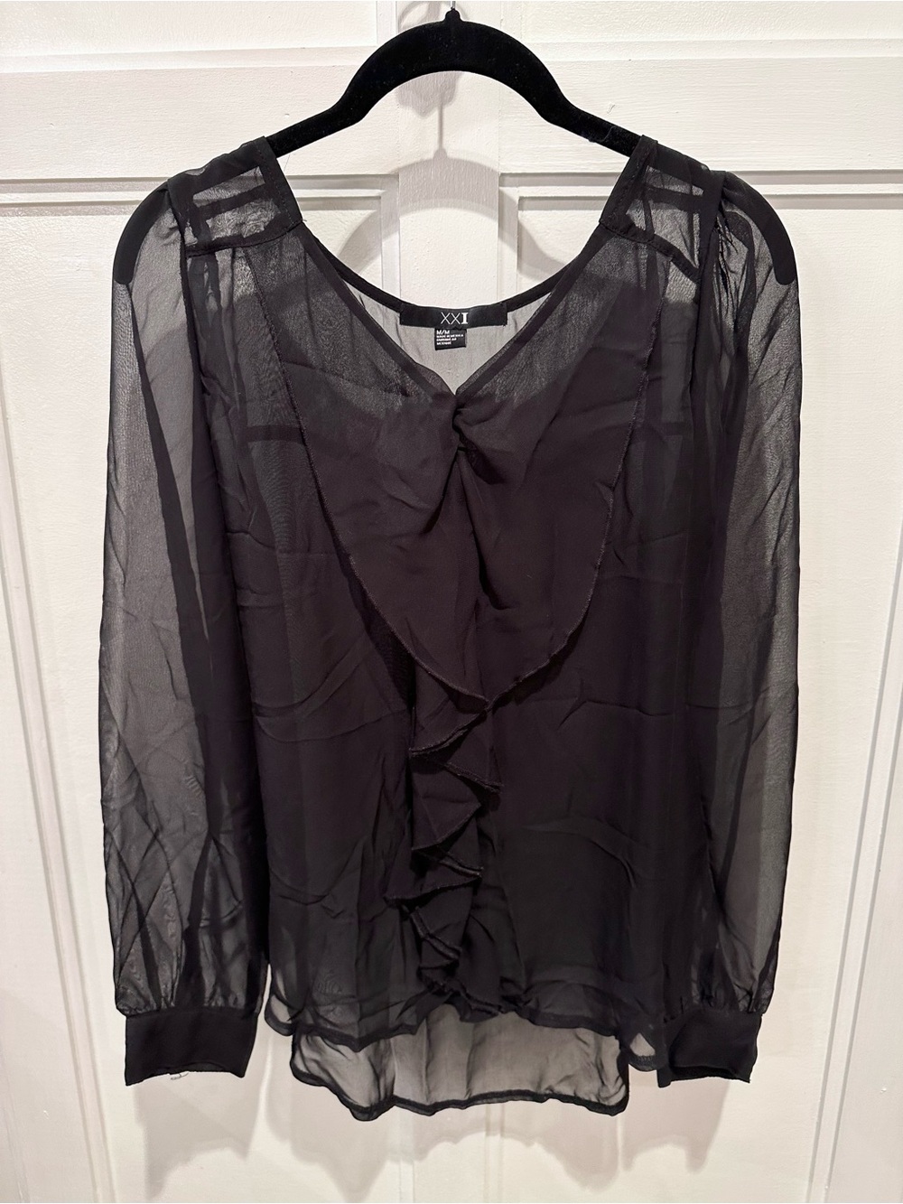 Forever 21 Black Sheer Ruffle-Front Long Sleeve Blouse